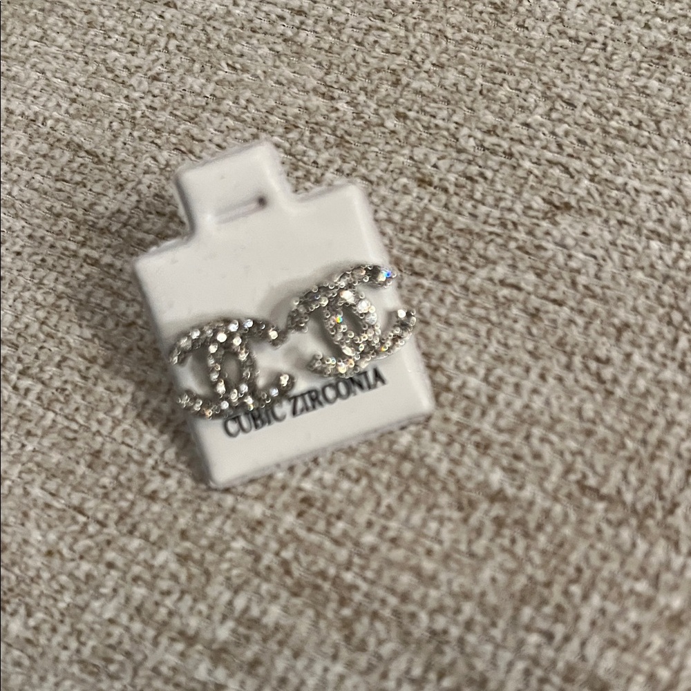 Crystal Double C Logo Stud Earrings - Silver Tone